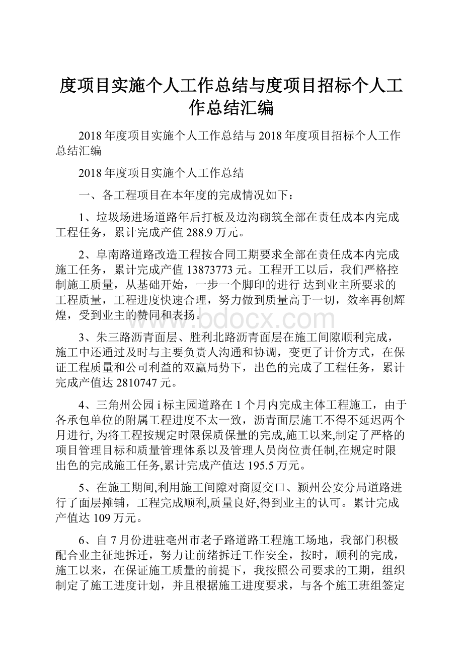 度项目实施个人工作总结与度项目招标个人工作总结汇编.docx