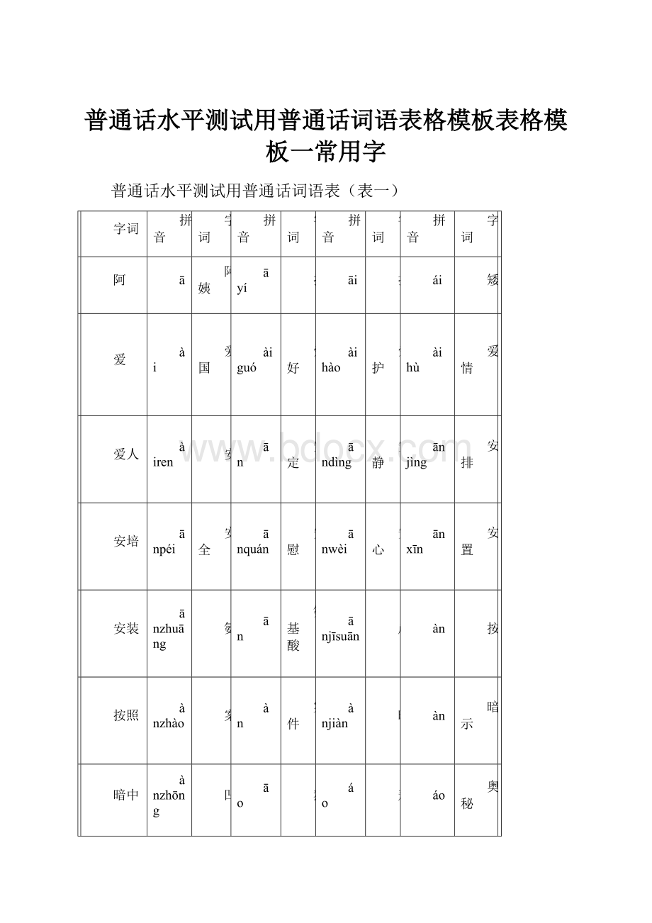 普通话水平测试用普通话词语表格模板表格模板一常用字Word格式.docx