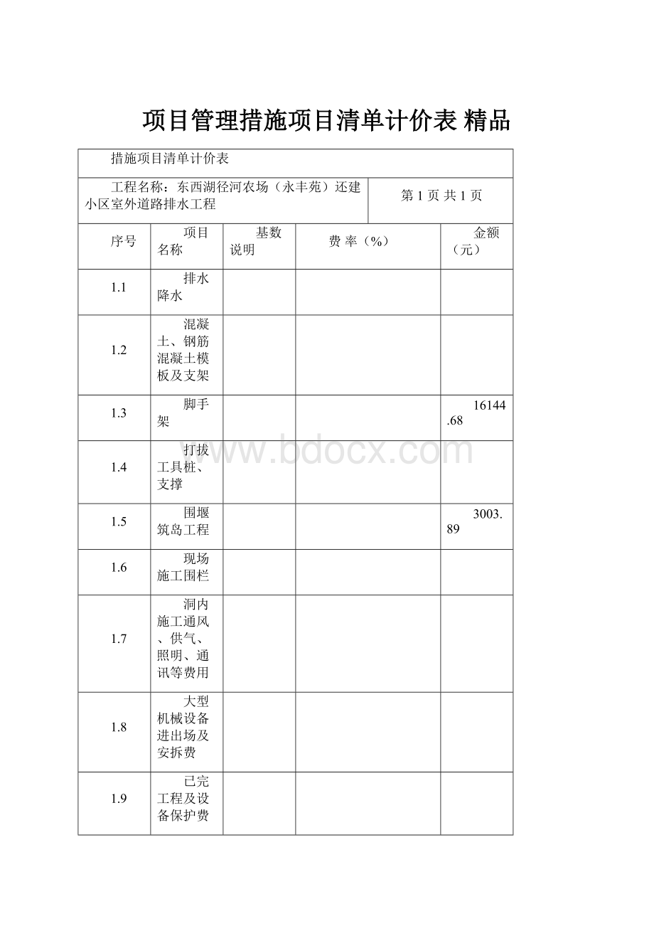 项目管理措施项目清单计价表 精品.docx