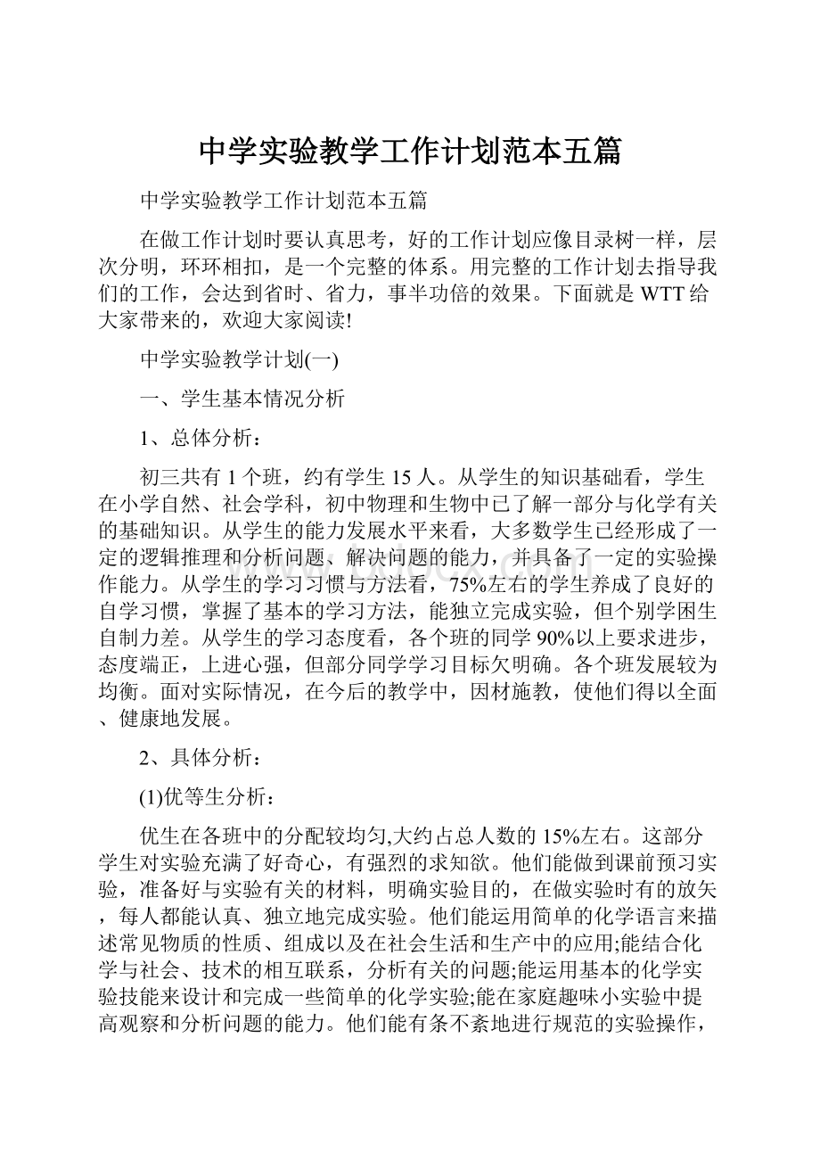 中学实验教学工作计划范本五篇文档格式.docx