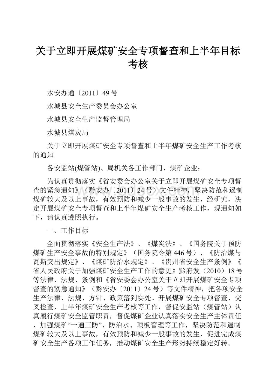 关于立即开展煤矿安全专项督查和上半年目标考核.docx_第1页