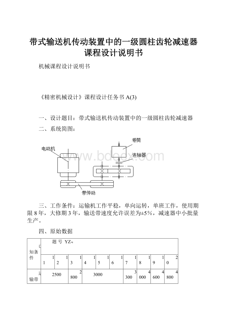 带式输送机传动装置中的一级圆柱齿轮减速器课程设计说明书.docx_第1页