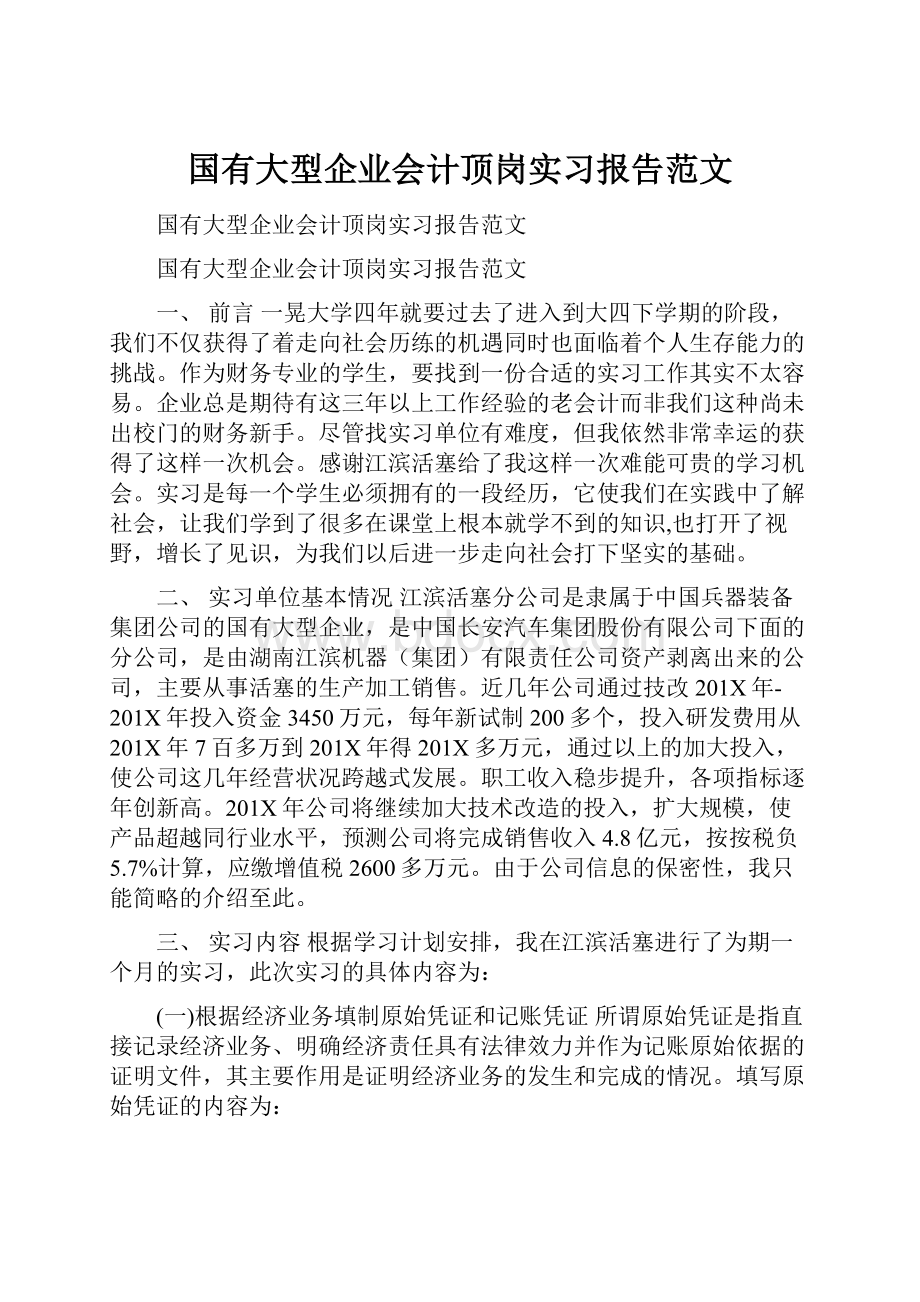 国有大型企业会计顶岗实习报告范文Word下载.docx