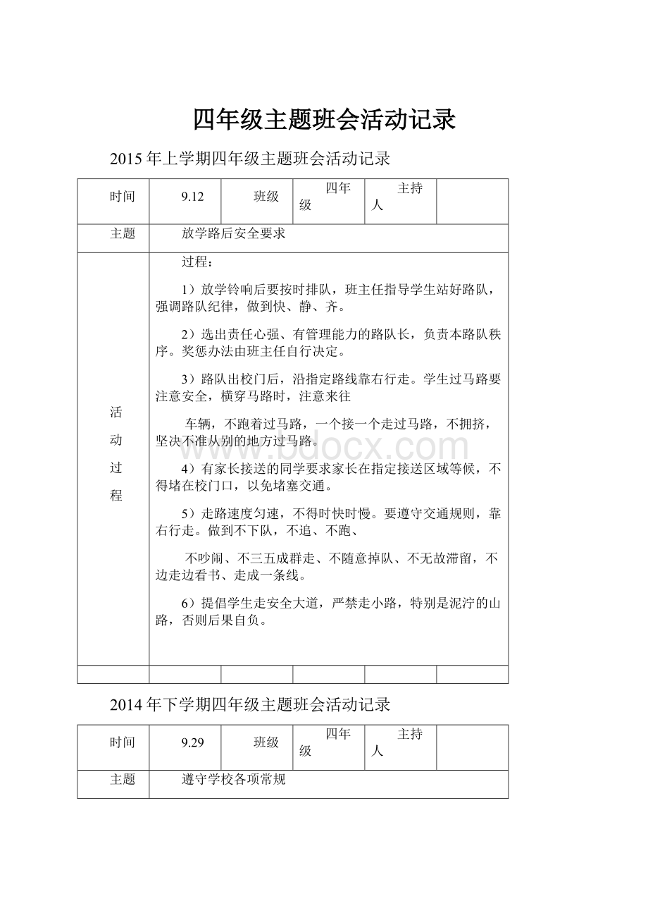 四年级主题班会活动记录文档格式.docx