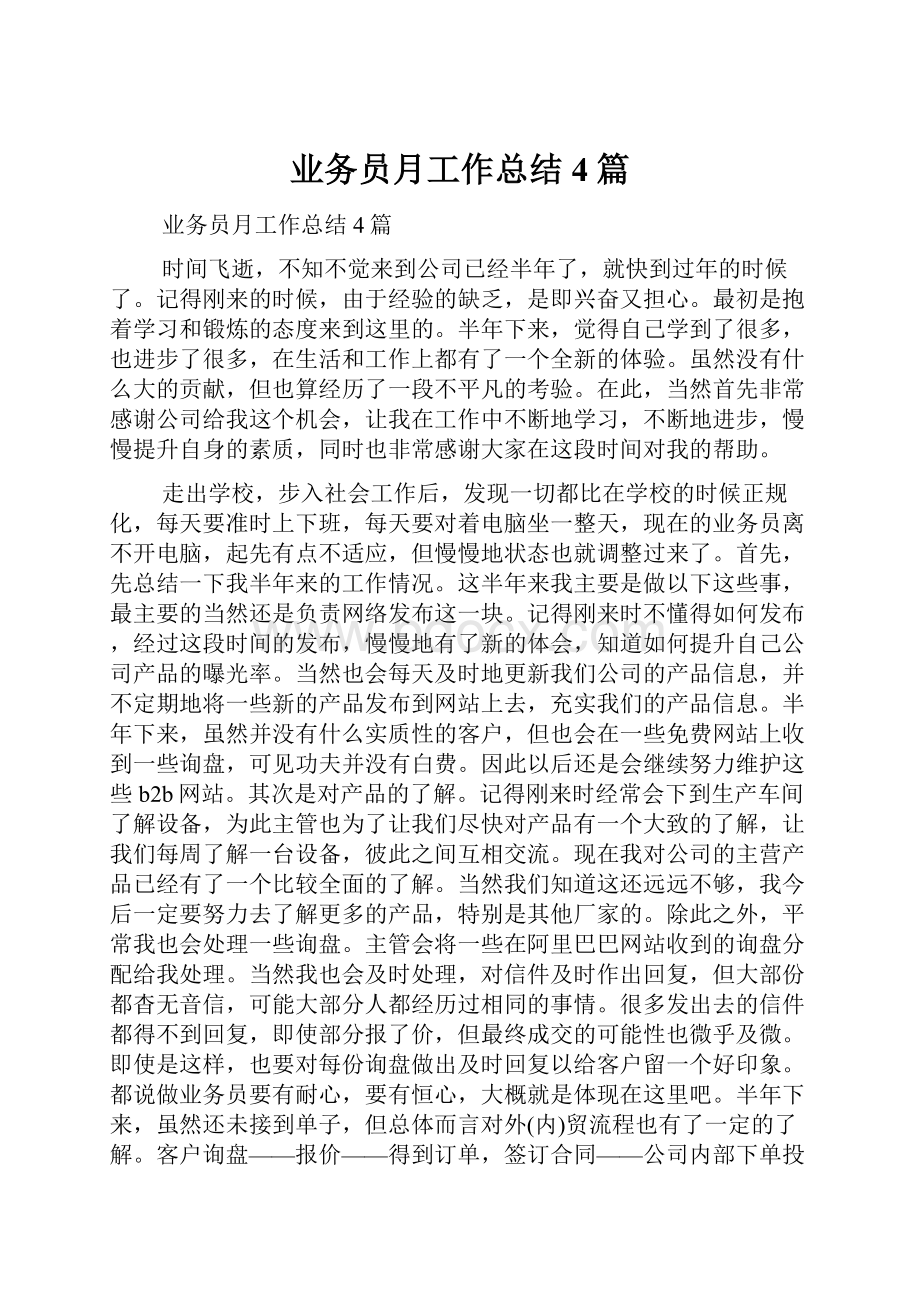 业务员月工作总结4篇Word下载.docx