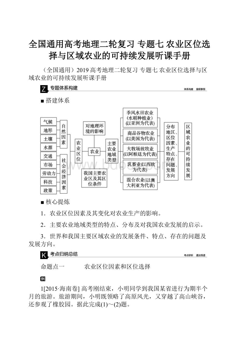 全国通用高考地理二轮复习 专题七 农业区位选择与区域农业的可持续发展听课手册文档格式.docx_第1页