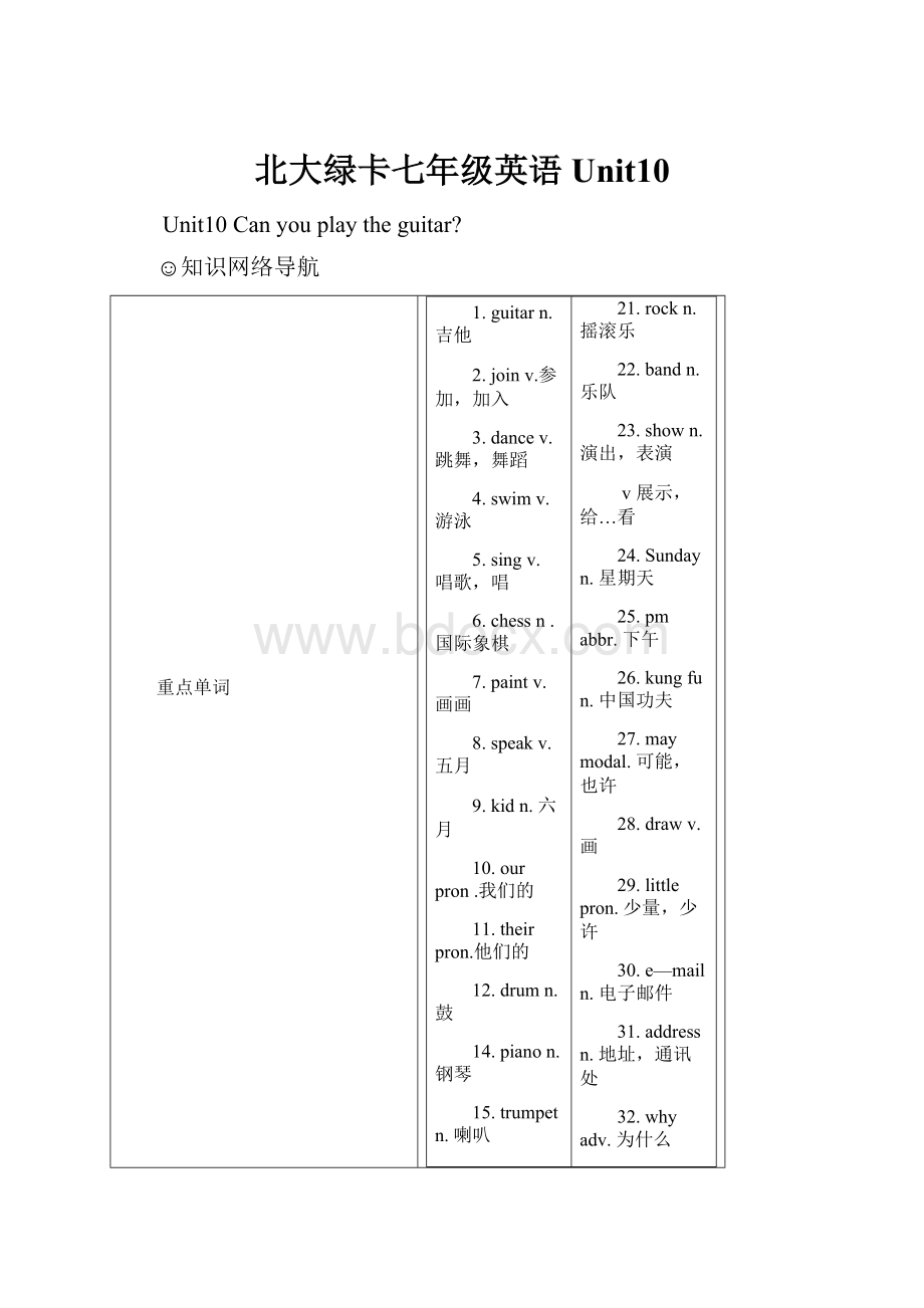 北大绿卡七年级英语Unit10Word格式文档下载.docx