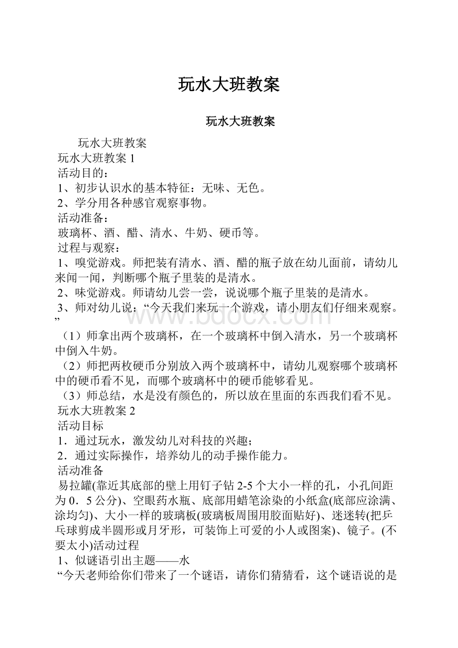 玩水大班教案文档格式.docx