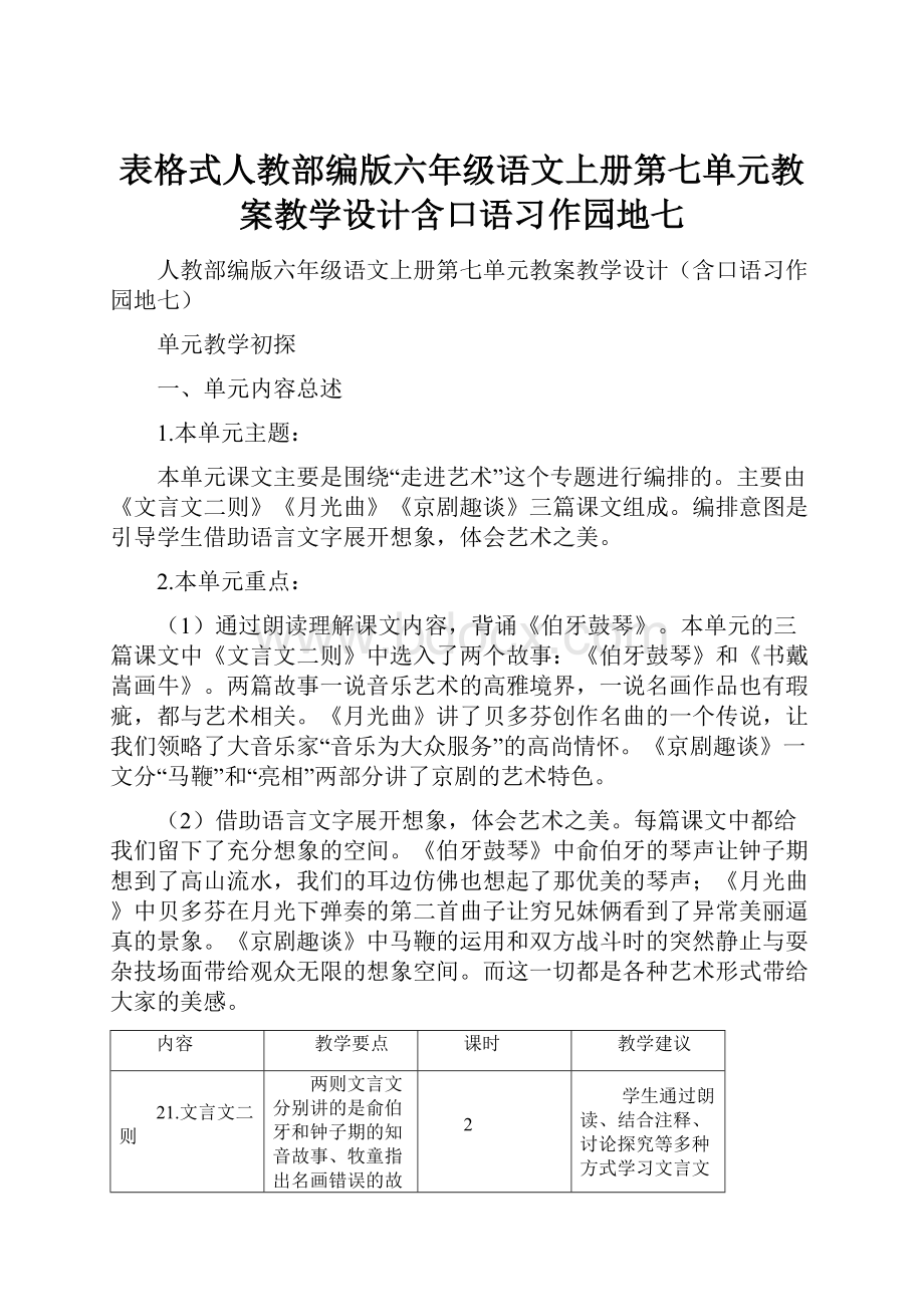 表格式人教部编版六年级语文上册第七单元教案教学设计含口语习作园地七.docx_第1页