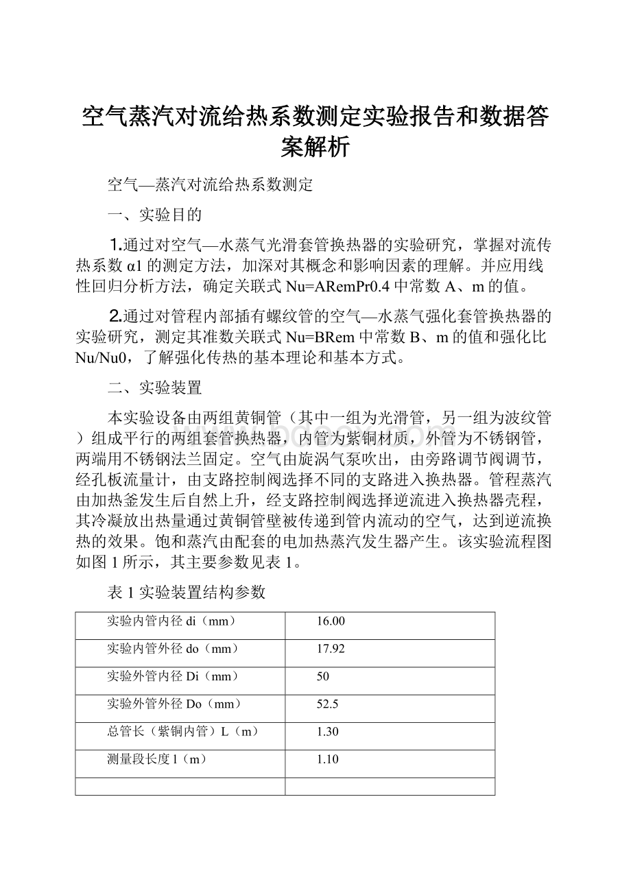 空气蒸汽对流给热系数测定实验报告和数据答案解析Word格式文档下载.docx