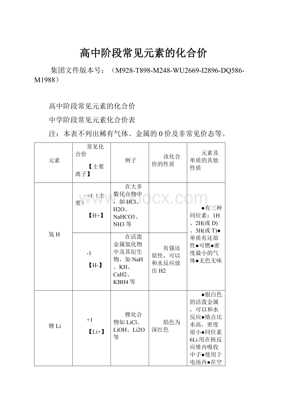 高中阶段常见元素的化合价.docx