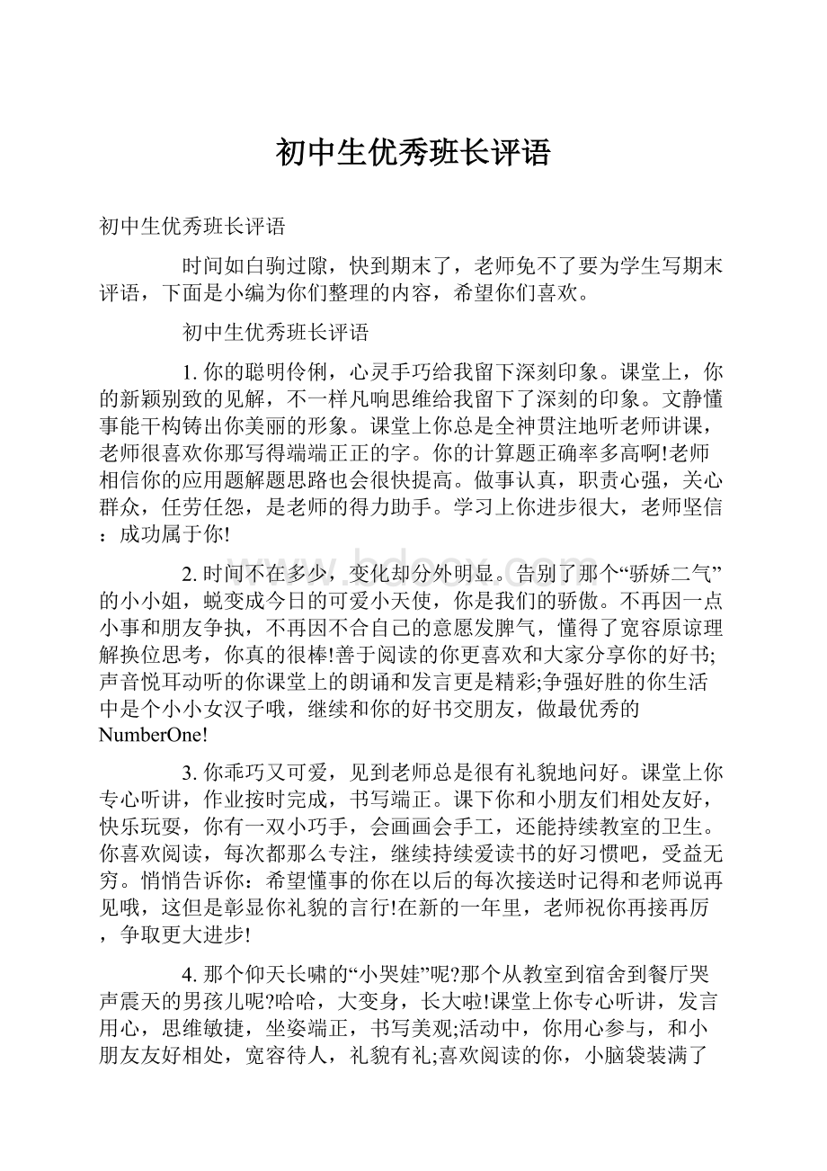 初中生优秀班长评语Word文件下载.docx_第1页