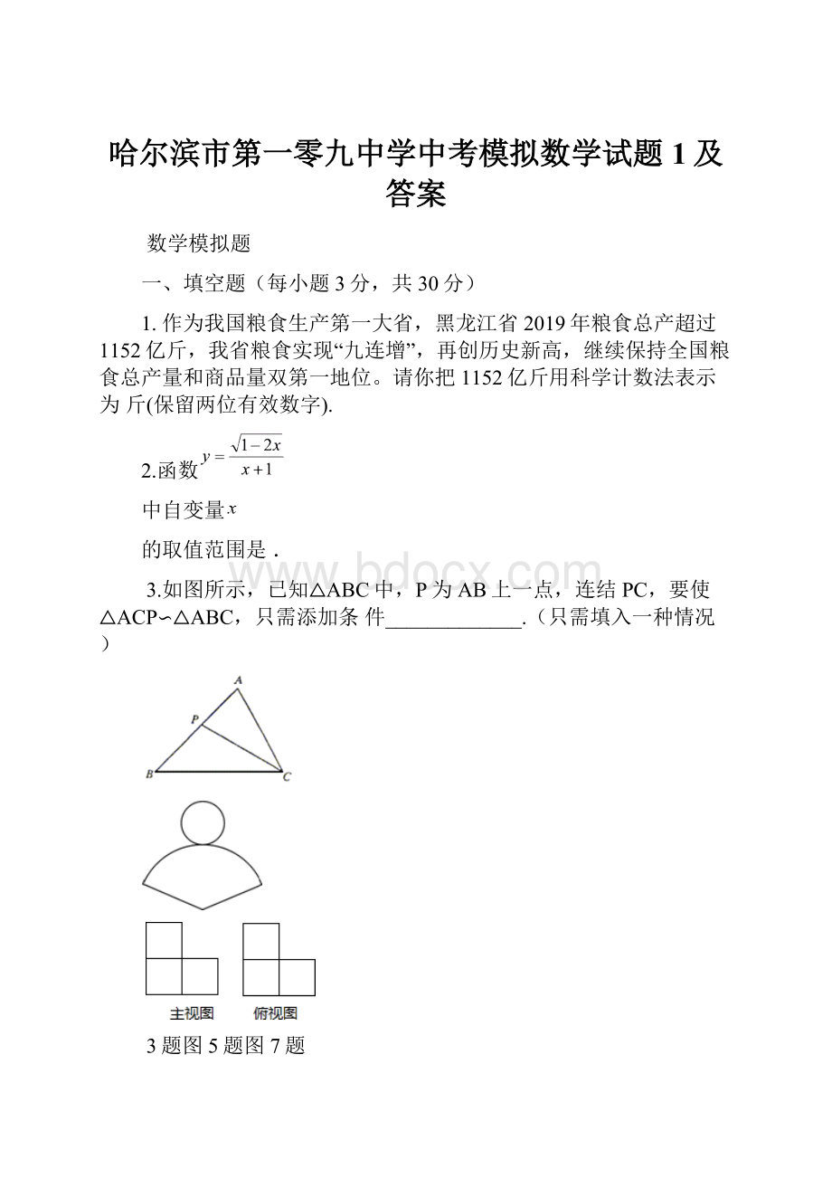 哈尔滨市第一零九中学中考模拟数学试题1及答案.docx_第1页