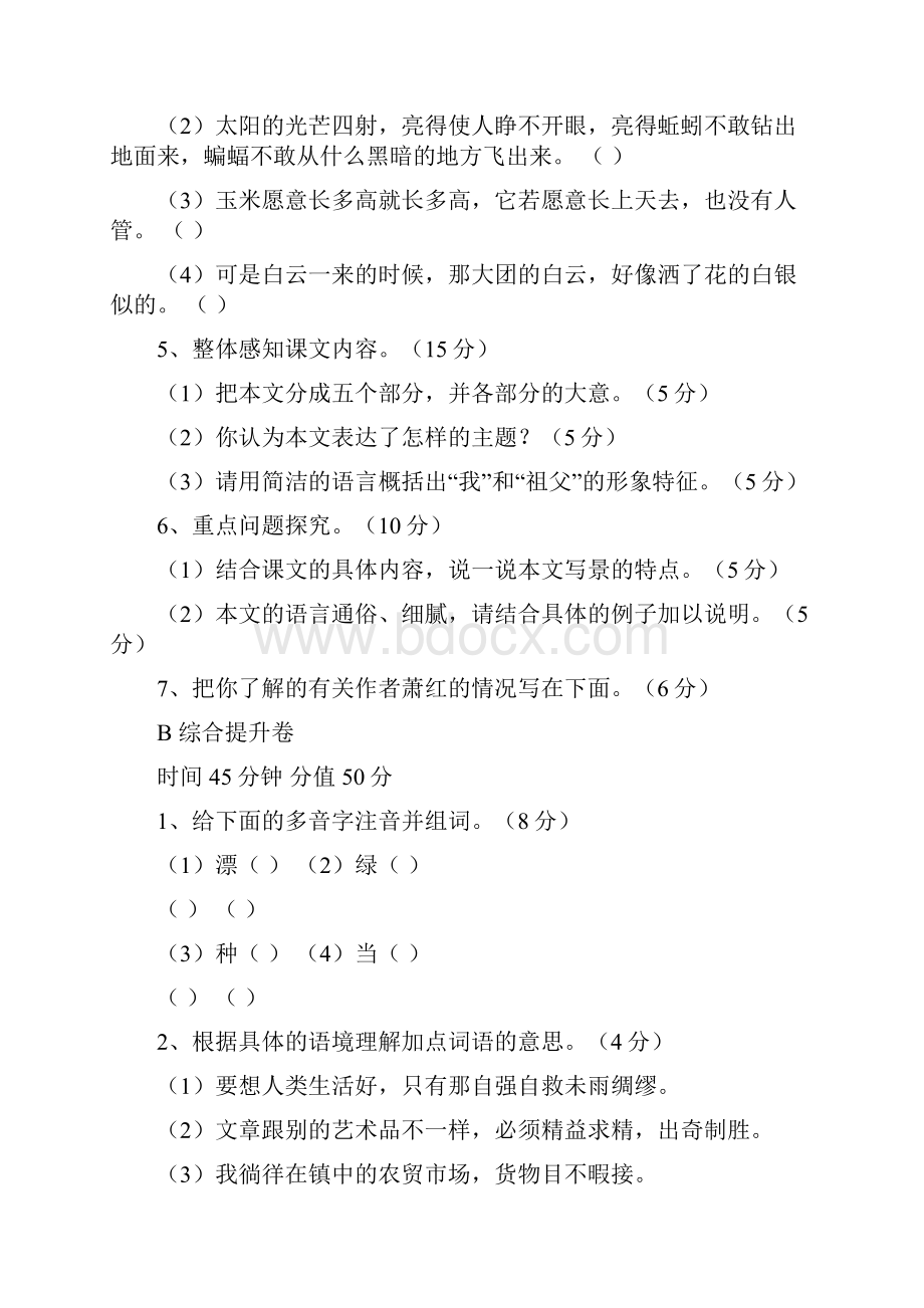 苏教版九年级语文下学期第三单元第四课《呼兰河传》节选精粹系列同步练习.docx_第2页