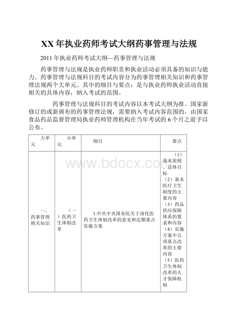 XX年执业药师考试大纲药事管理与法规Word文件下载.docx