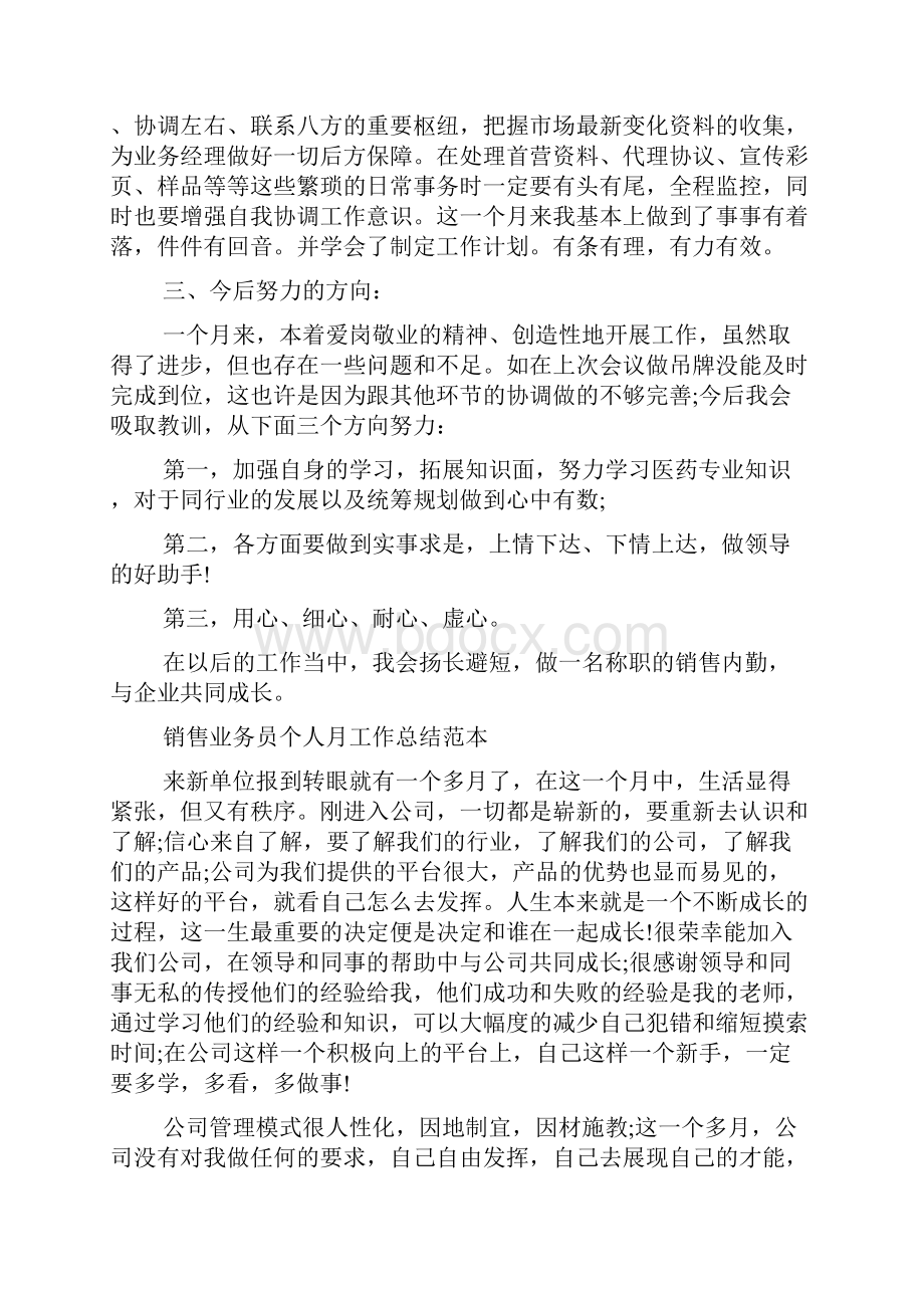 销售业务员个人月工作总结范本五篇Word下载.docx_第2页