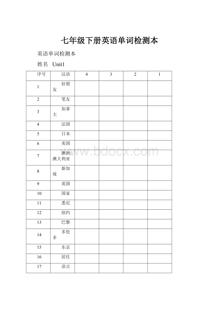 七年级下册英语单词检测本Word下载.docx_第1页