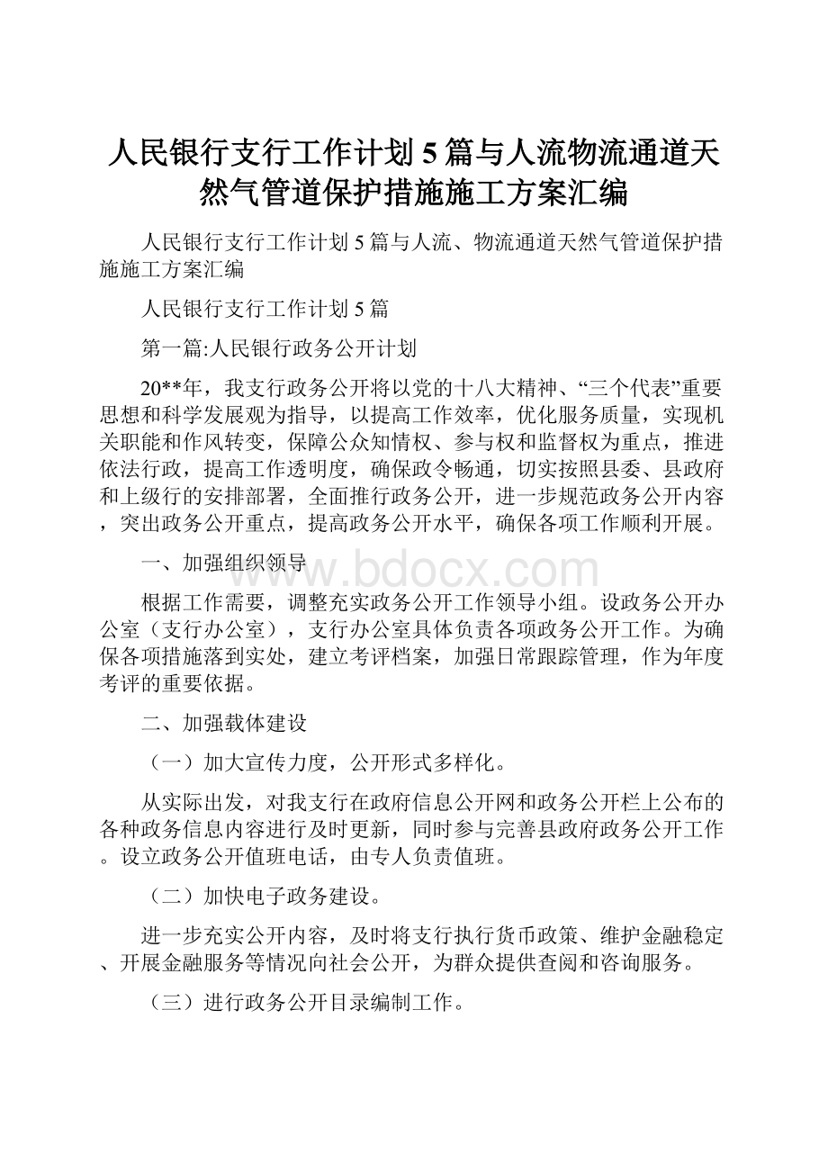 人民银行支行工作计划5篇与人流物流通道天然气管道保护措施施工方案汇编Word文档格式.docx