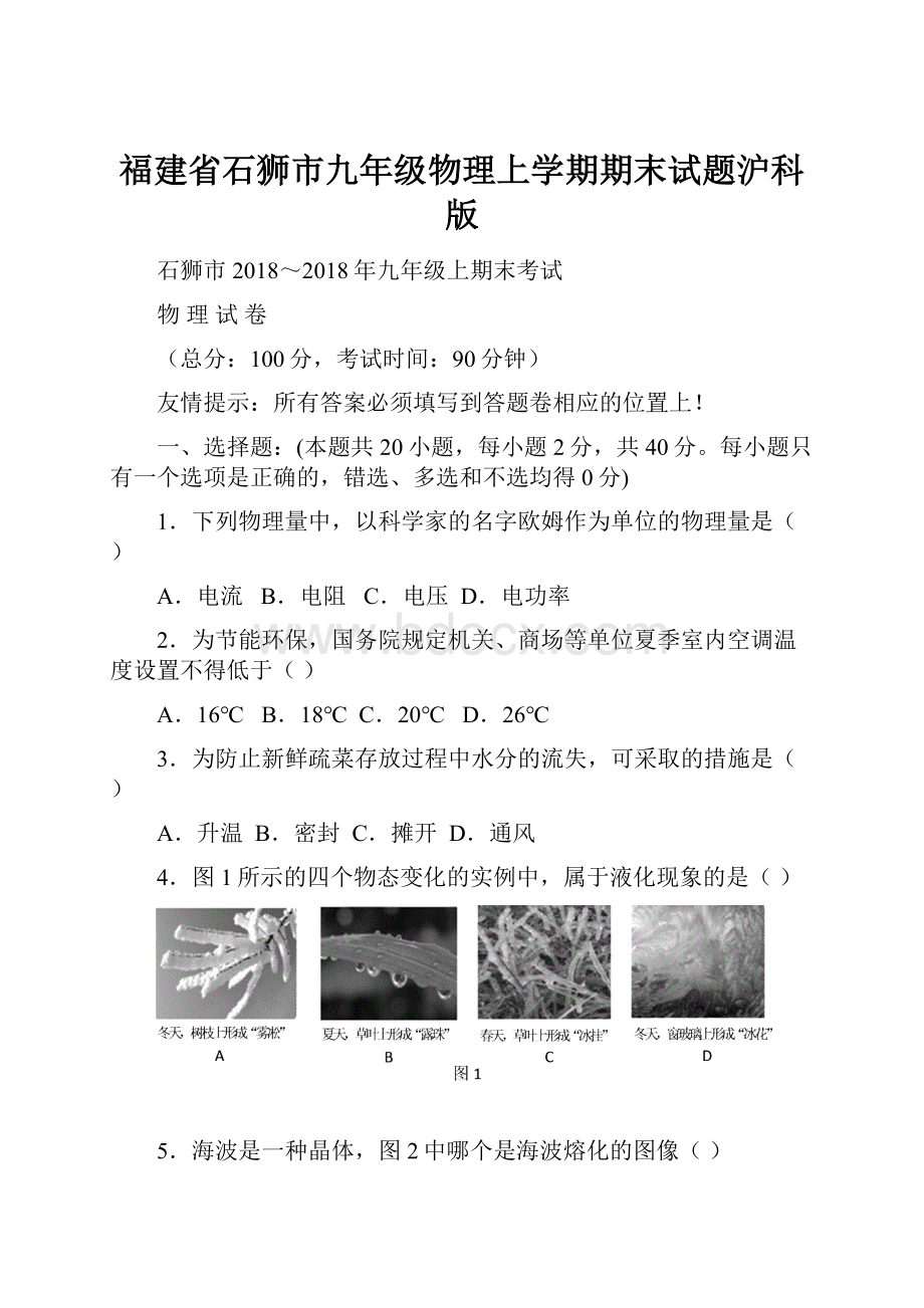 福建省石狮市九年级物理上学期期末试题沪科版.docx_第1页