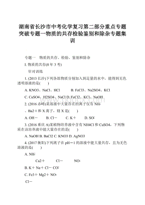 湖南省长沙市中考化学复习第二部分重点专题突破专题一物质的共存检验鉴别和除杂专题集训.docx