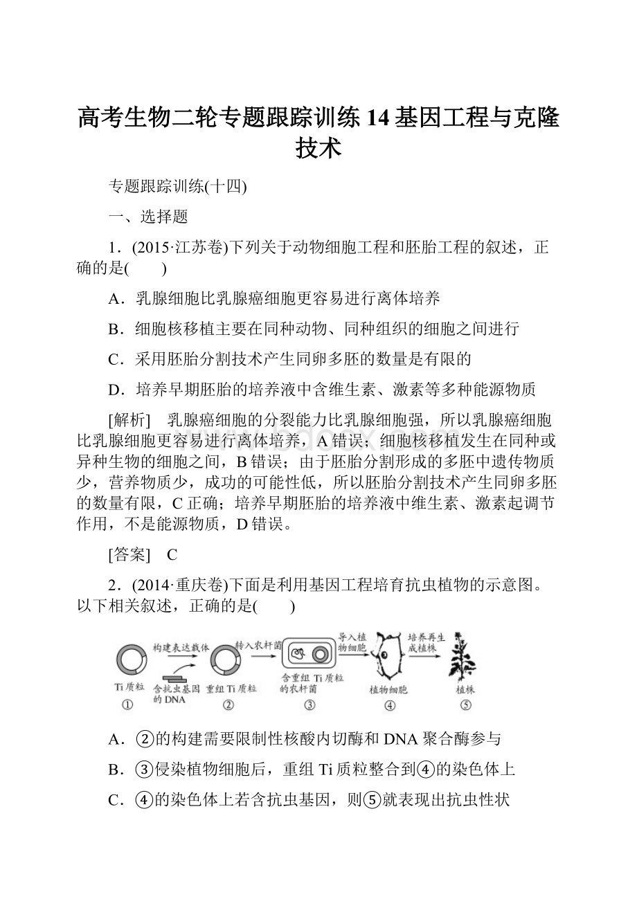 高考生物二轮专题跟踪训练14基因工程与克隆技术Word文档下载推荐.docx