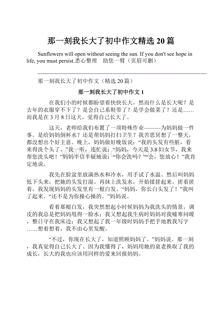 那一刻我长大了初中作文精选20篇Word格式文档下载.docx_第1页