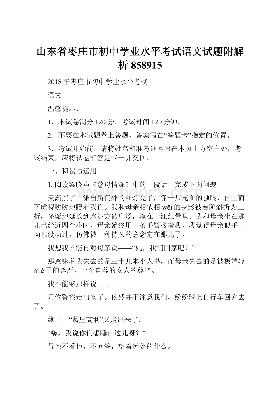 山东省枣庄市初中学业水平考试语文试题附解析858915.docx_第1页