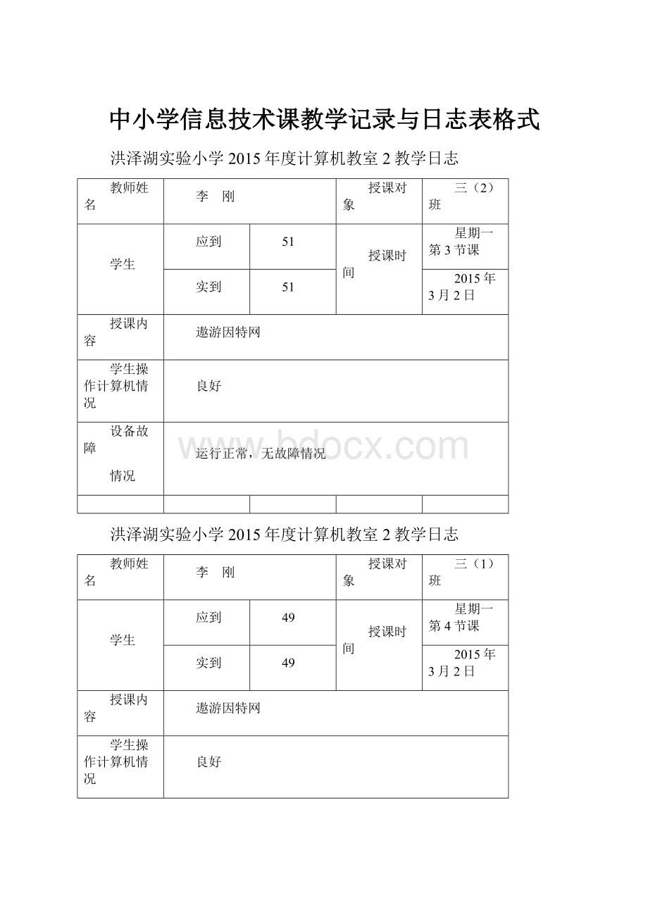 中小学信息技术课教学记录与日志表格式Word文档下载推荐.docx_第1页