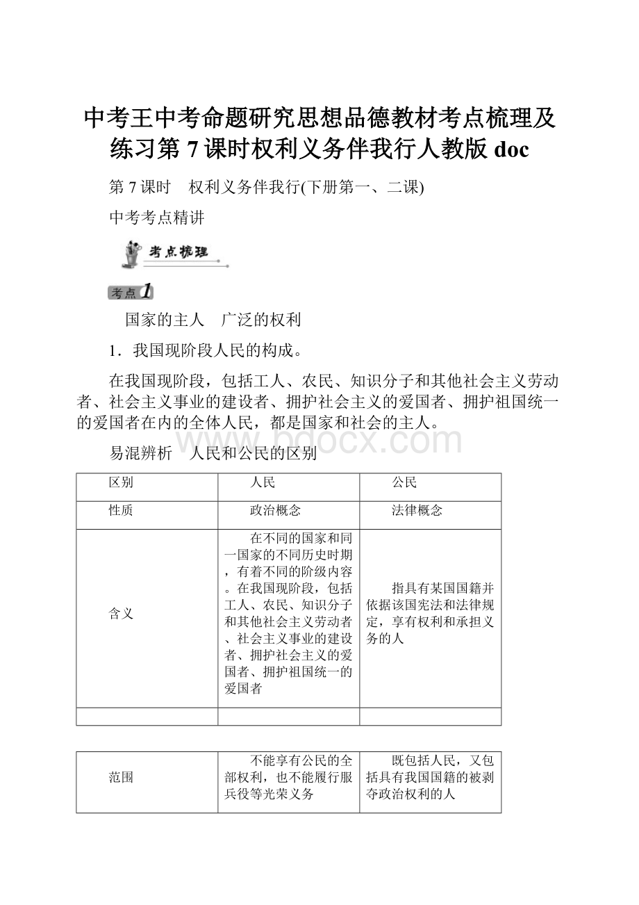 中考王中考命题研究思想品德教材考点梳理及练习第7课时权利义务伴我行人教版doc.docx