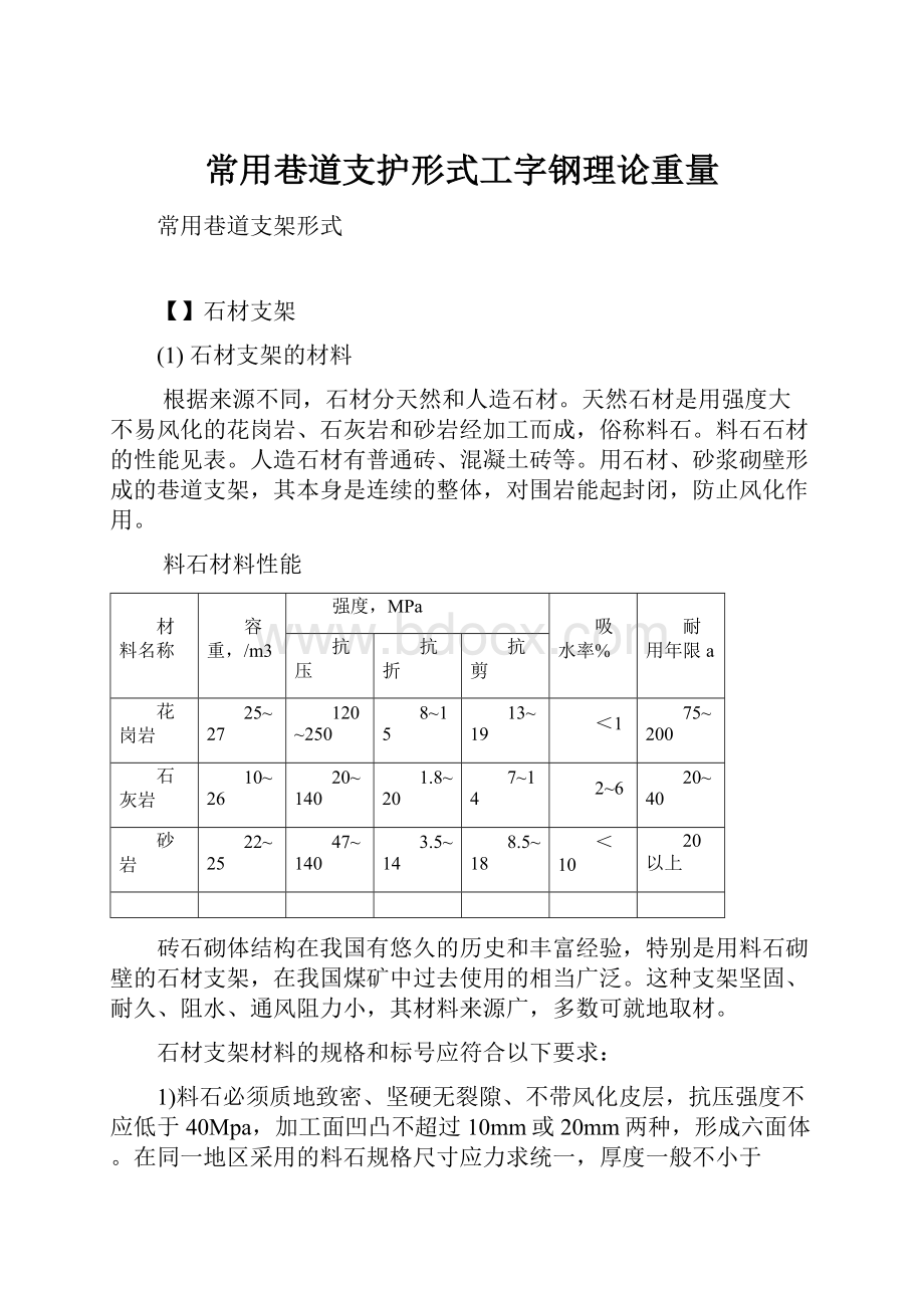 常用巷道支护形式工字钢理论重量Word文档下载推荐.docx