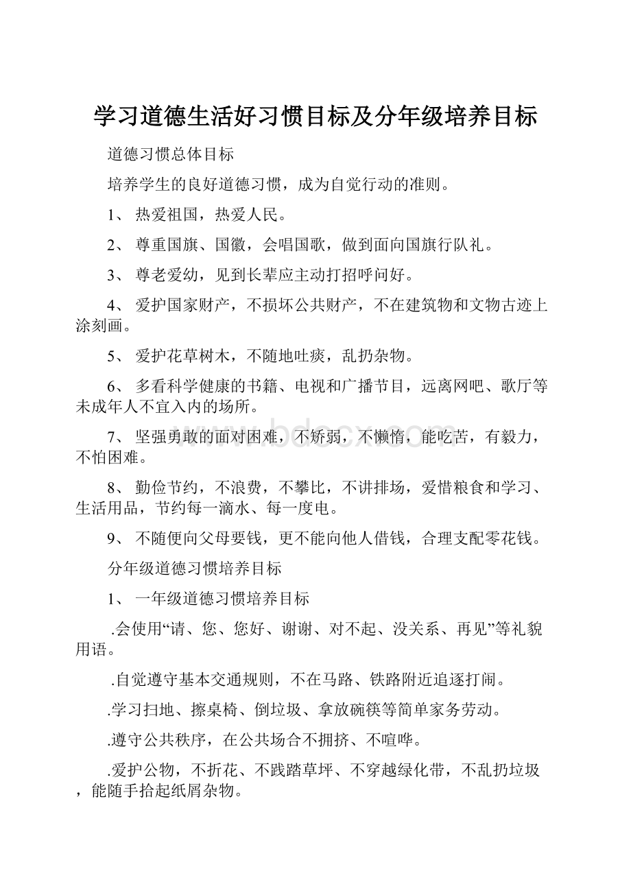 学习道德生活好习惯目标及分年级培养目标.docx_第1页