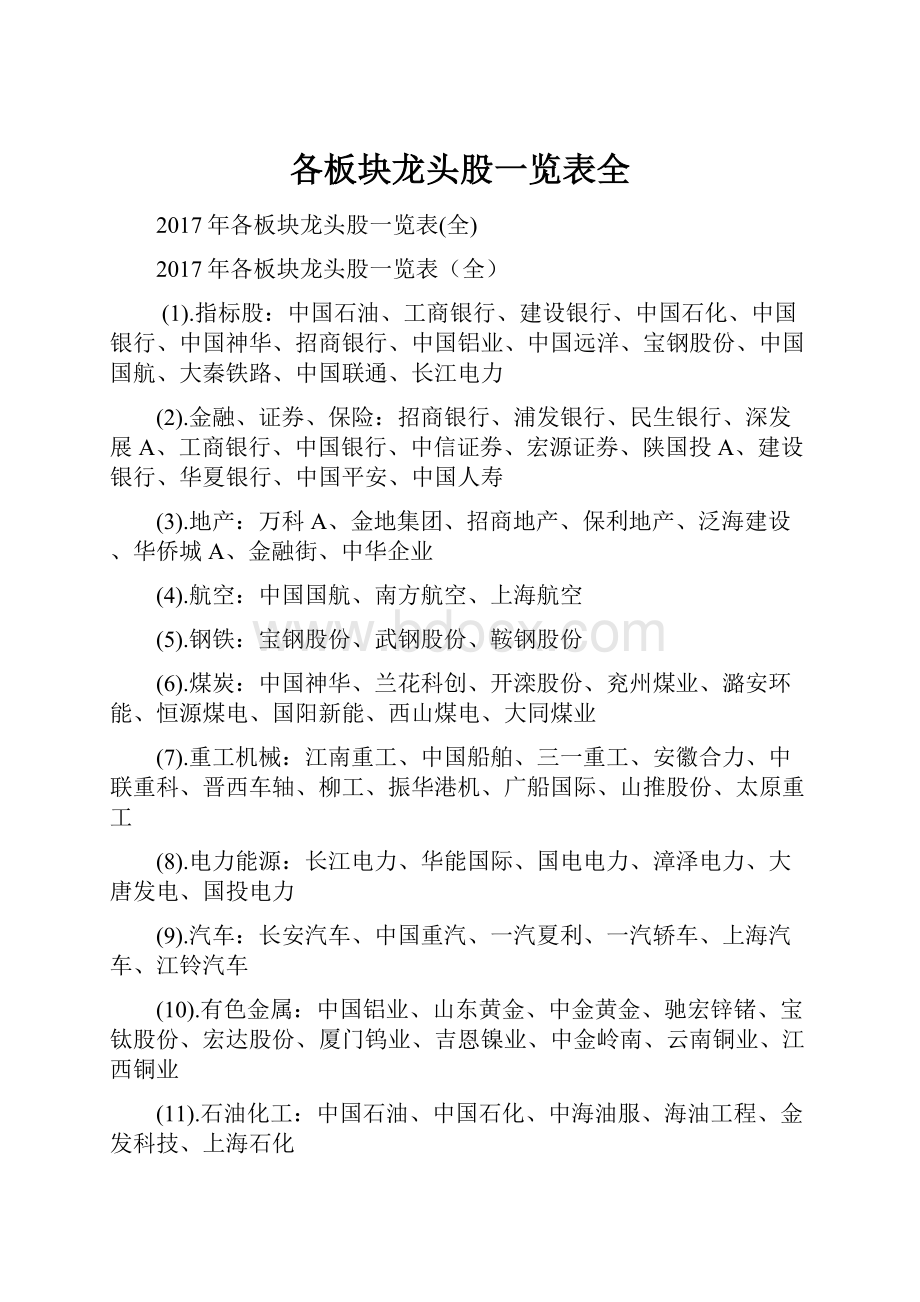 各板块龙头股一览表全.docx