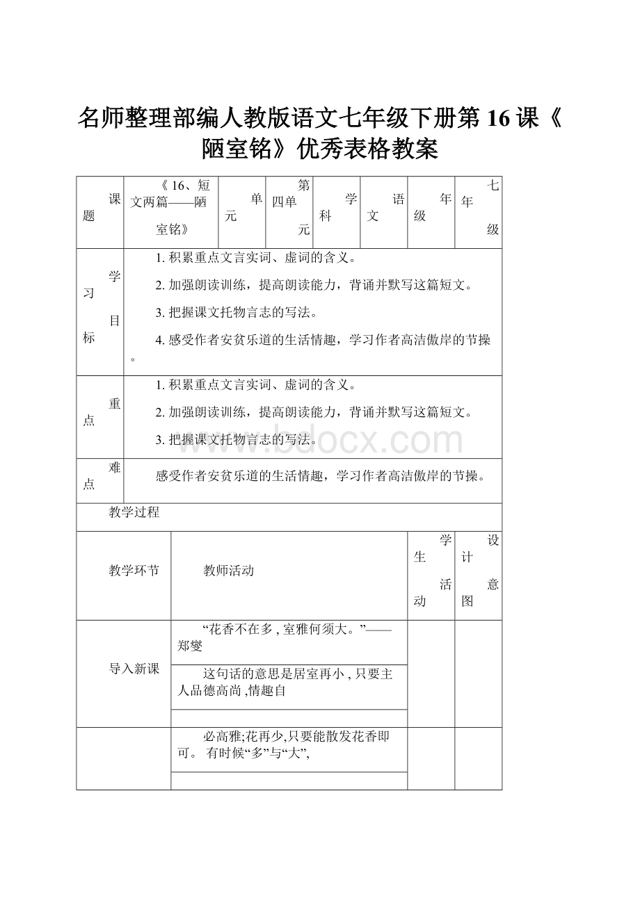 名师整理部编人教版语文七年级下册第16课《陋室铭》优秀表格教案.docx_第1页