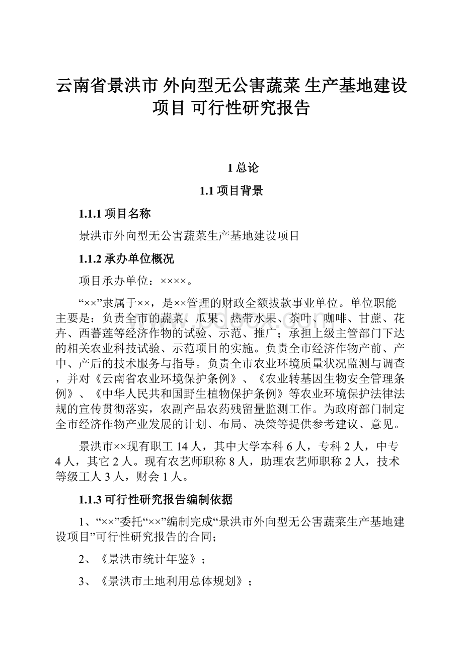 云南省景洪市 外向型无公害蔬菜 生产基地建设项目 可行性研究报告.docx_第1页