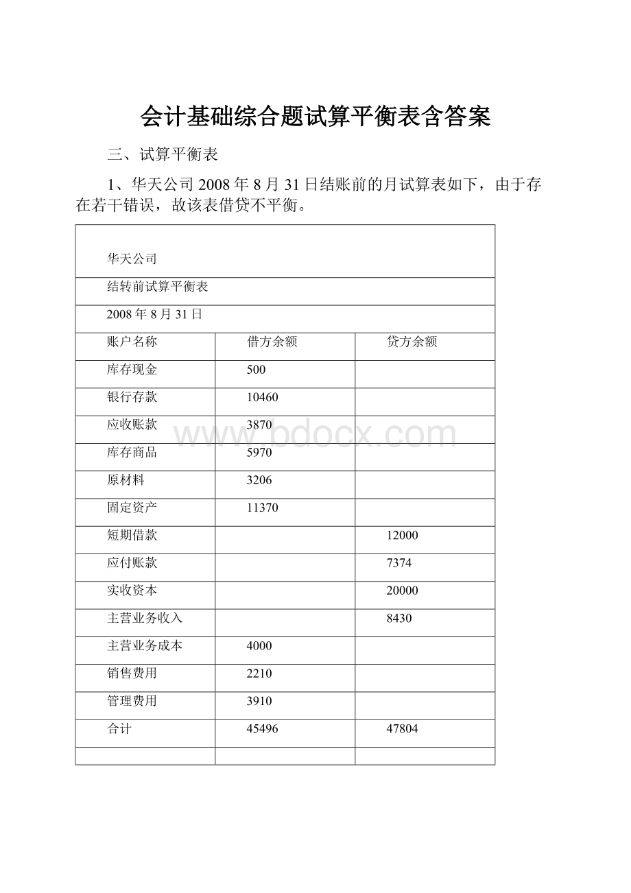 会计基础综合题试算平衡表含答案文档格式.docx