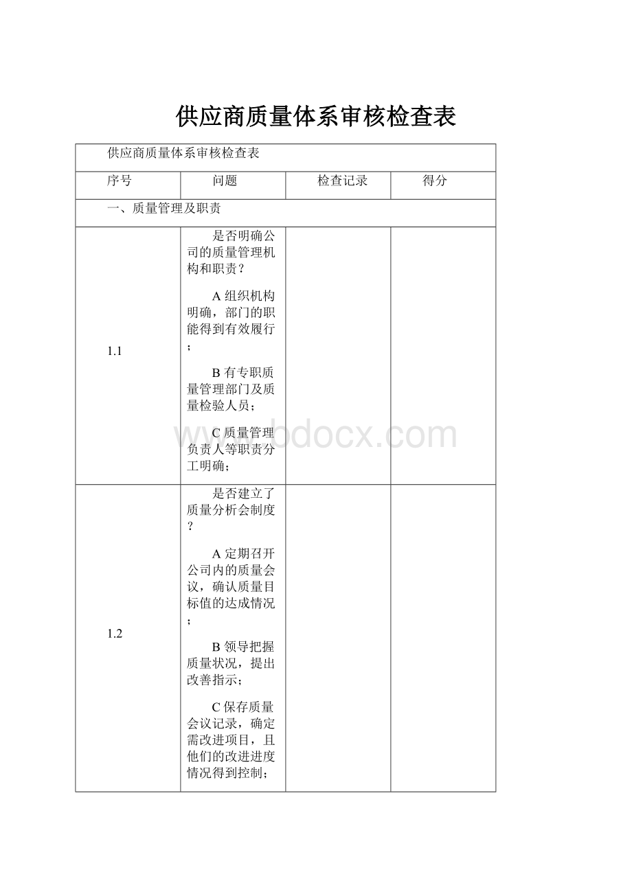 供应商质量体系审核检查表Word文件下载.docx_第1页