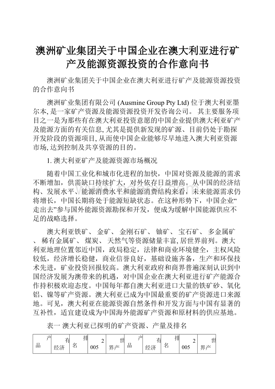 澳洲矿业集团关于中国企业在澳大利亚进行矿产及能源资源投资的合作意向书.docx_第1页
