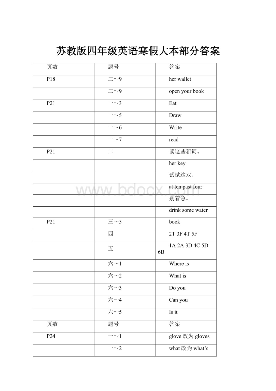 苏教版四年级英语寒假大本部分答案Word下载.docx