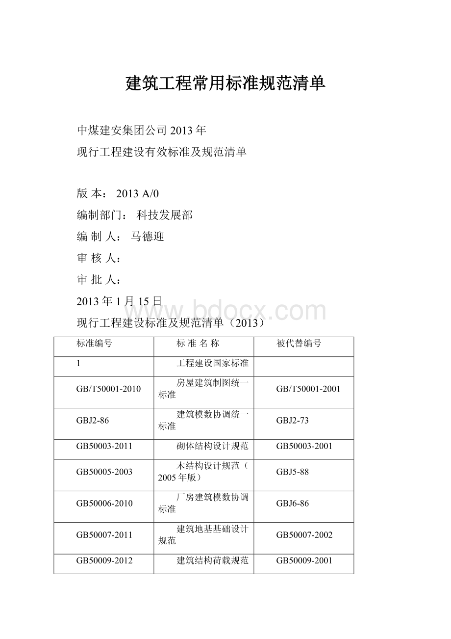 建筑工程常用标准规范清单Word文档下载推荐.docx_第1页