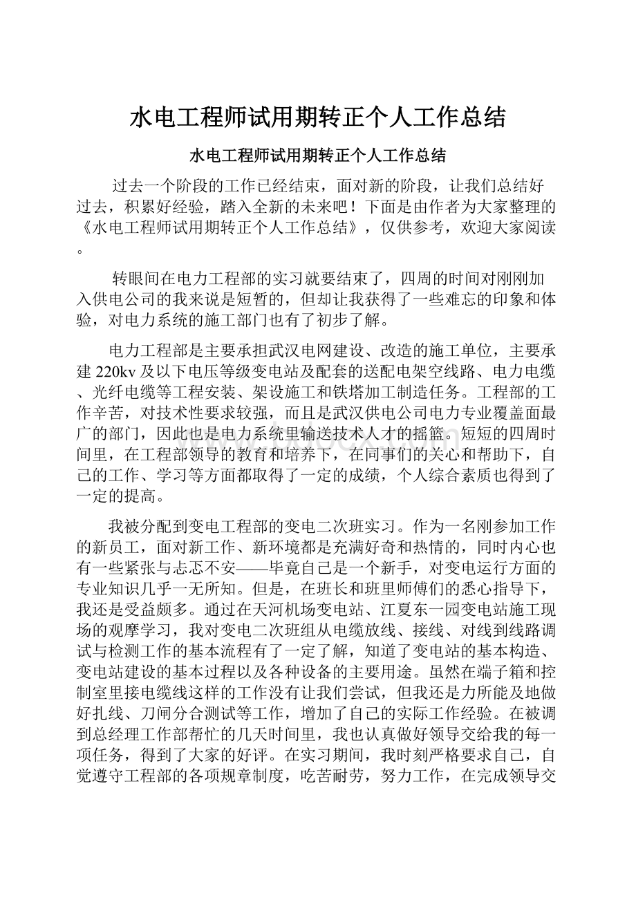 水电工程师试用期转正个人工作总结.docx