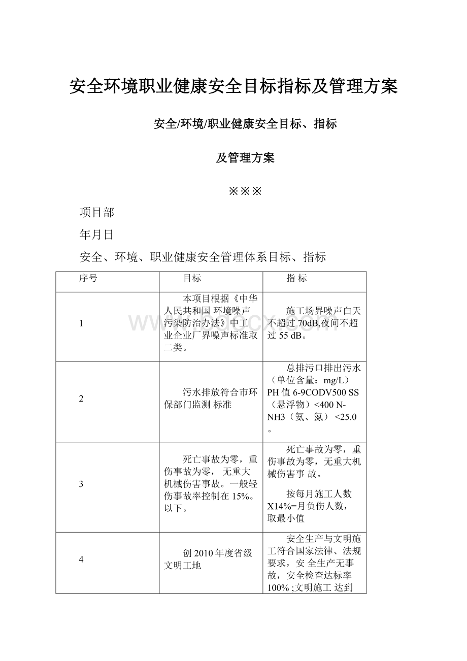 安全环境职业健康安全目标指标及管理方案.docx_第1页