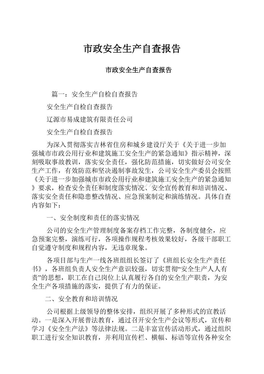 市政安全生产自查报告文档格式.docx_第1页