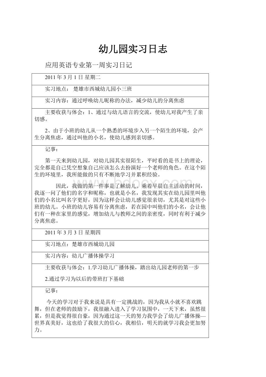 幼儿园实习日志Word文档下载推荐.docx_第1页