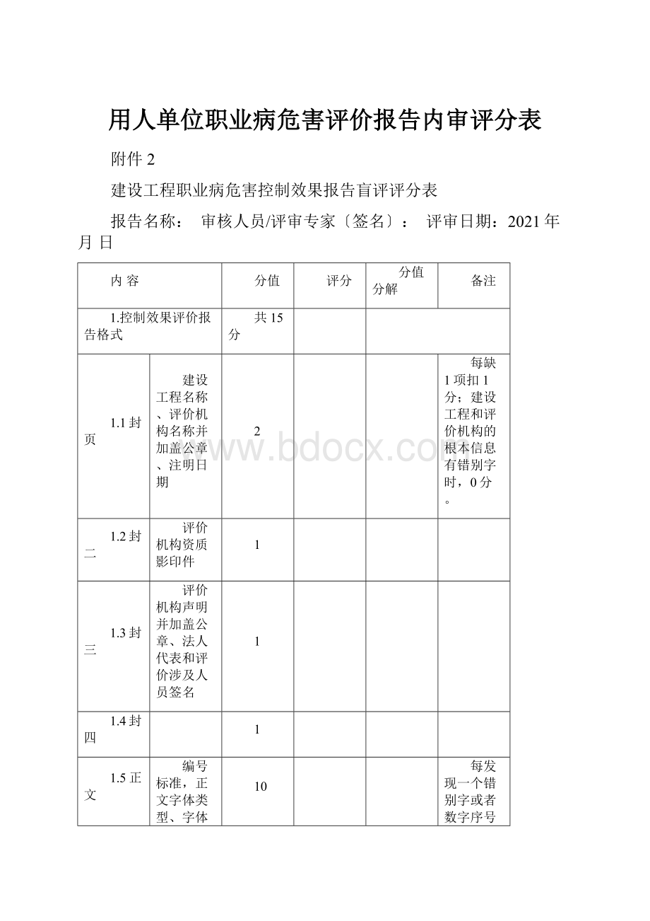 用人单位职业病危害评价报告内审评分表.docx_第1页