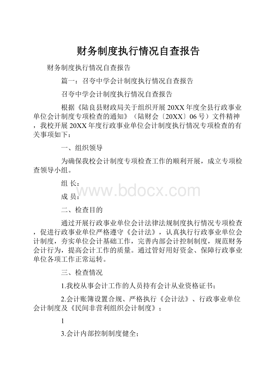 财务制度执行情况自查报告文档格式.docx