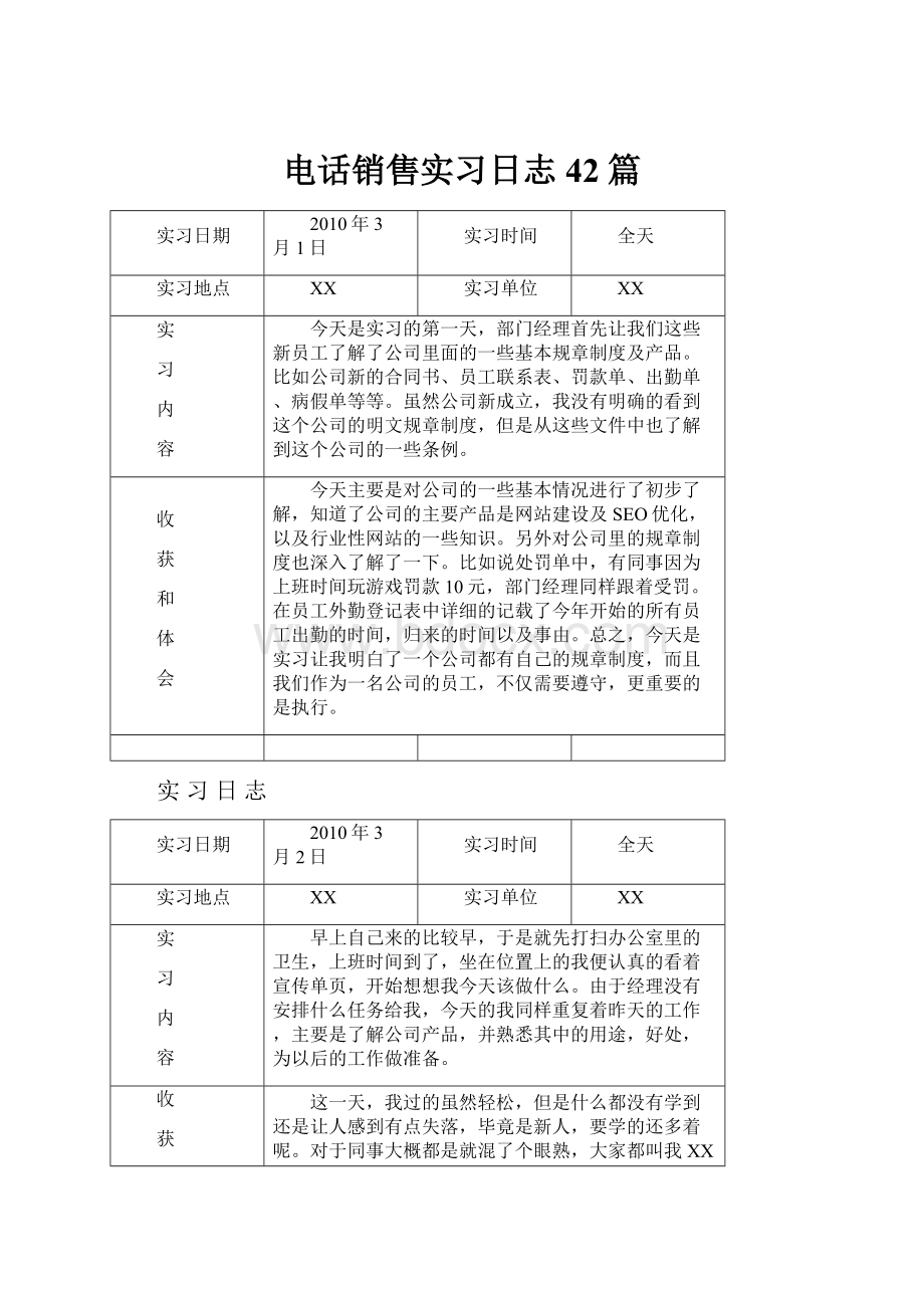 电话销售实习日志42篇.docx_第1页