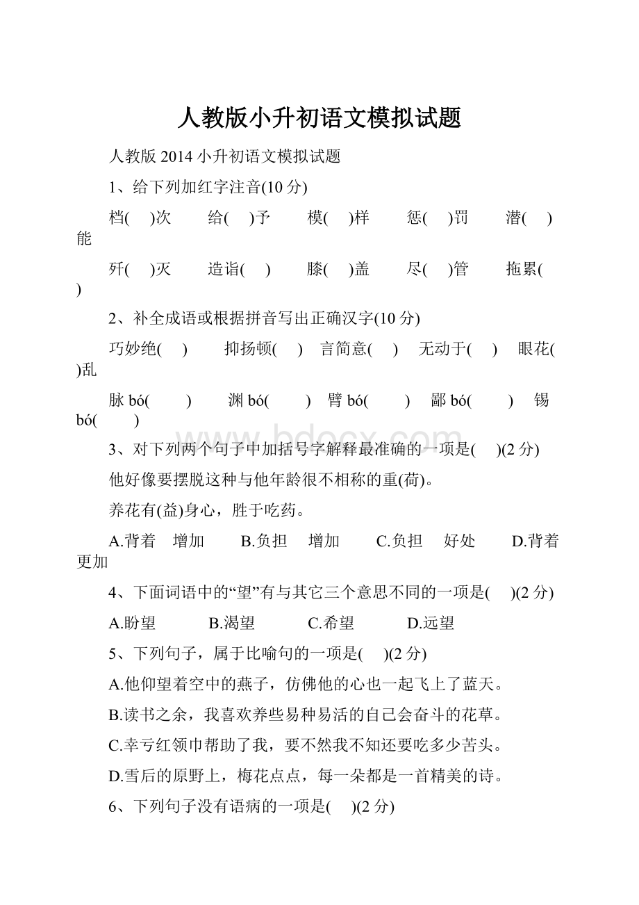 人教版小升初语文模拟试题.docx_第1页