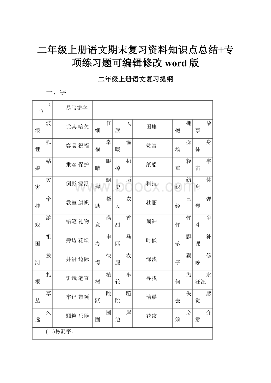 二年级上册语文期末复习资料知识点总结+专项练习题可编辑修改word版.docx_第1页