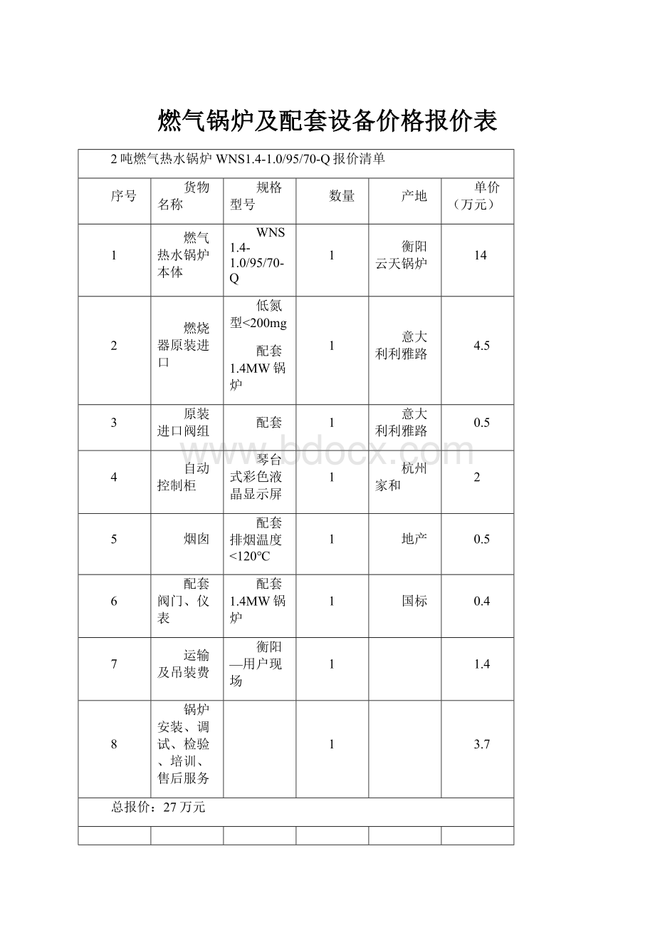 燃气锅炉及配套设备价格报价表.docx_第1页