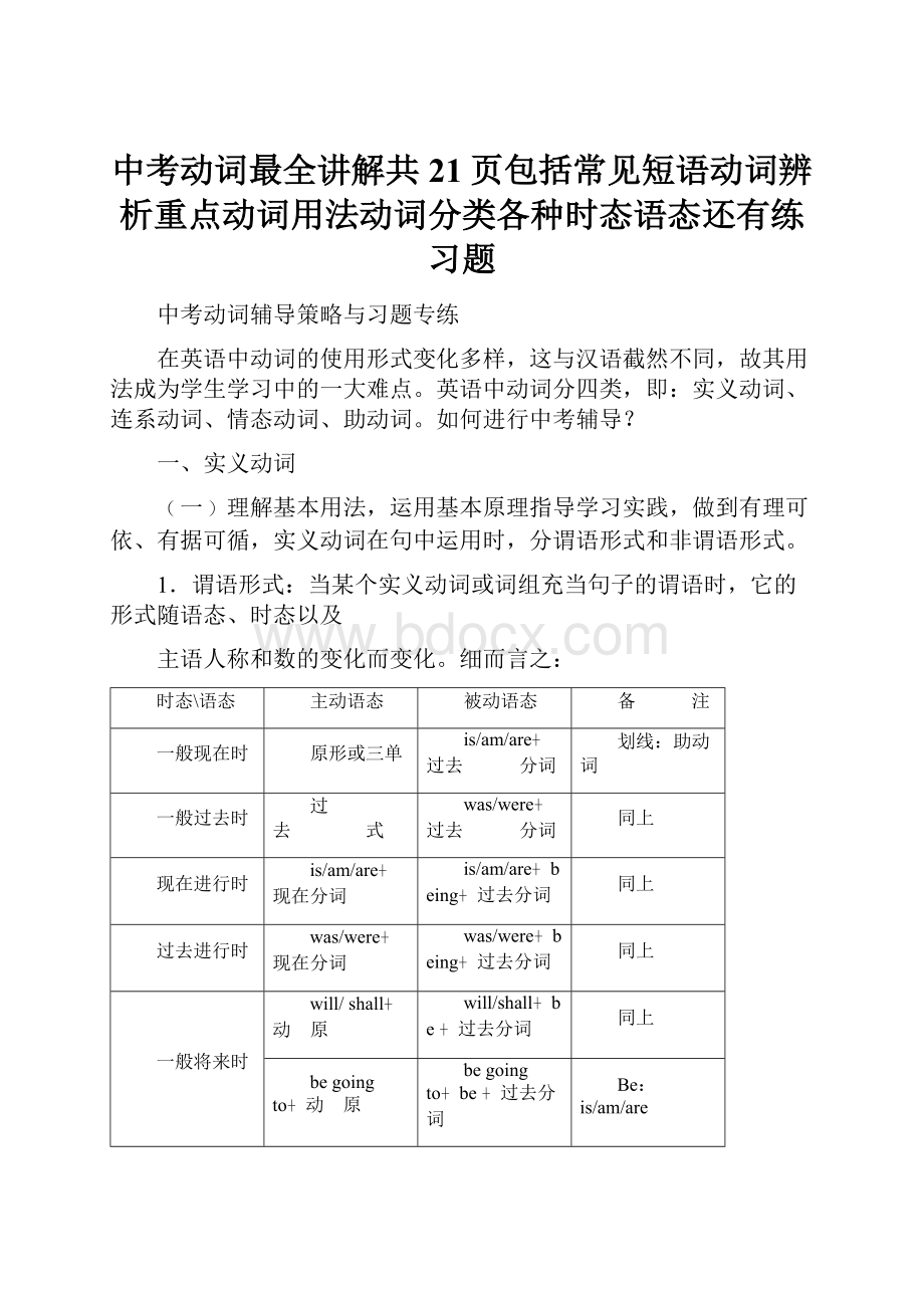 中考动词最全讲解共21页包括常见短语动词辨析重点动词用法动词分类各种时态语态还有练习题.docx_第1页